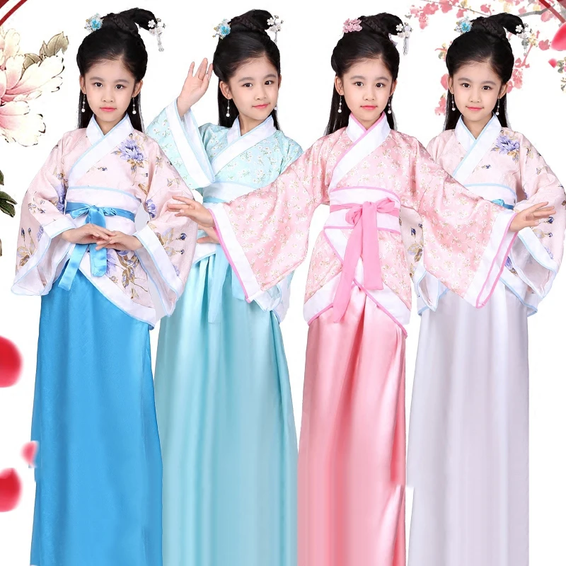 

Traditional Chinese Dance Costumes For Girls Ancient Opera Tang Dynasty Han Ming Hanfu Dress Kids Folk Clothing Children DN2574, White;pink;blue;lake blue