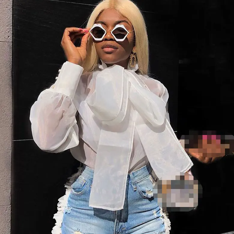 

FS0130C Fashion style sexy lady hot sale loose bow bandage puff sleeve blouses