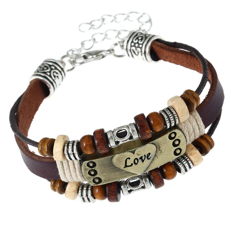

Punk Handmade Beaded Leather Bracelet 2018 Hainon Alloy Couple heart shape Leather Bracelet wholesale, Picture