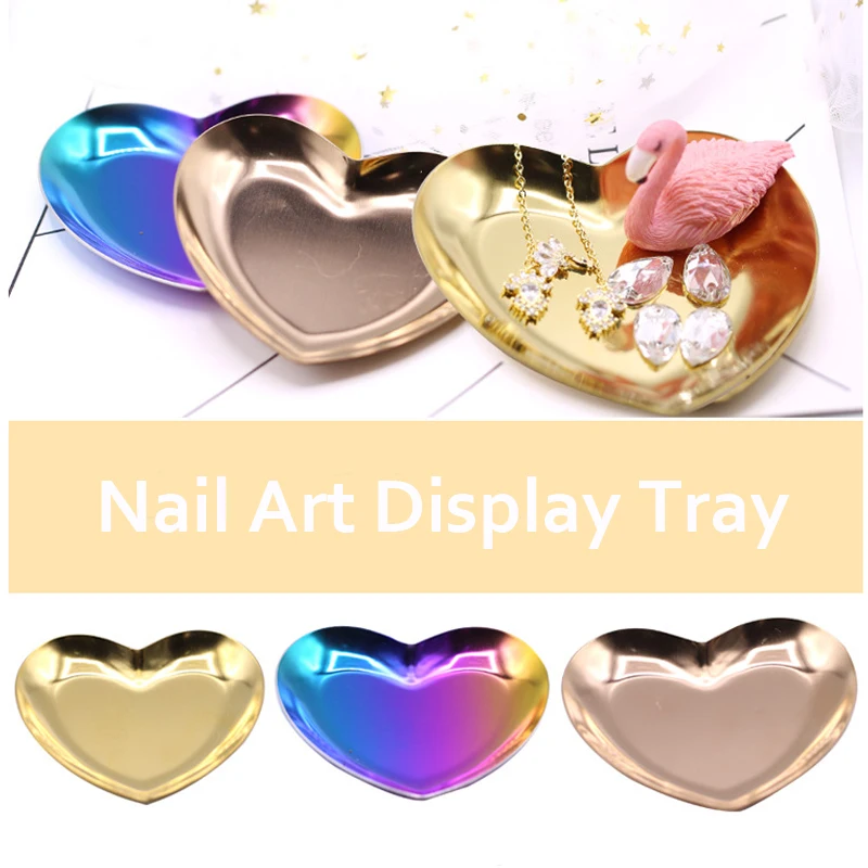 

1Pc Metal Storage Tray Rose Gold Gradient Jewelry Rhinestone Nail Art Tips Plate Heart Display Nail Art Manicure Salon Tools, Gold, rose gold, mulit/silver