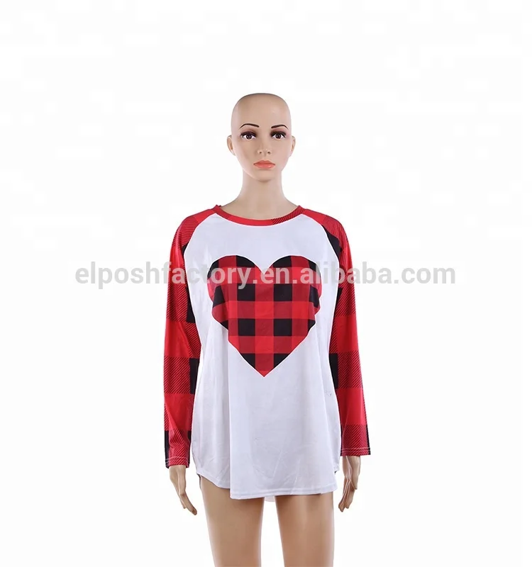 

Wholesale Round-Neck Long Sleeve Heart Screen Raglan Tee, Red