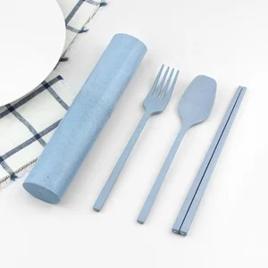 New Style in Stock 3-Piece Spoon Chopsticks Fork  Wheat Straw Reusable Camping Biodegradable plastic cutlery