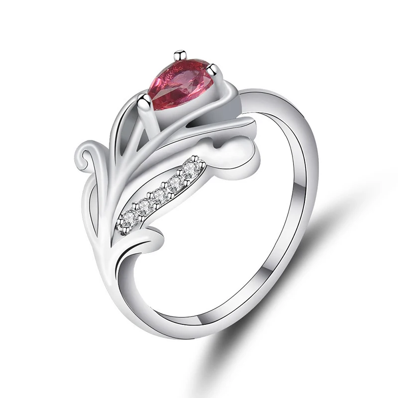 

Luxury AAA CZ Hollow Peacock Feather Finger Rings Red Zircon Crystal Wedding Jewelry Ring (SK579), As picture