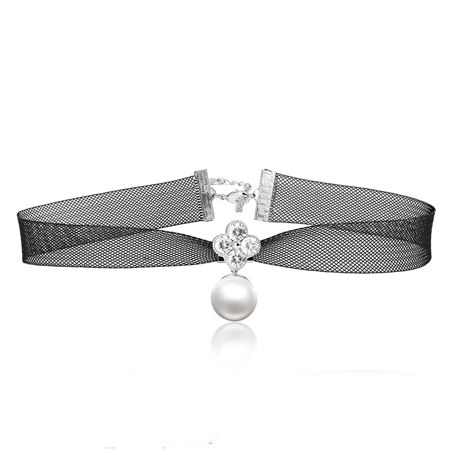 

00145 XUPING fashion black plastic flower choker diamond necklace, Rhodium color