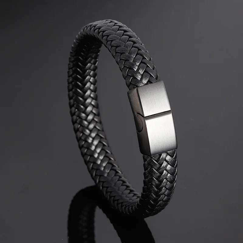 

Fashion New designs real leather bracelet gentlemen leather bracelet with stainless steel clasp