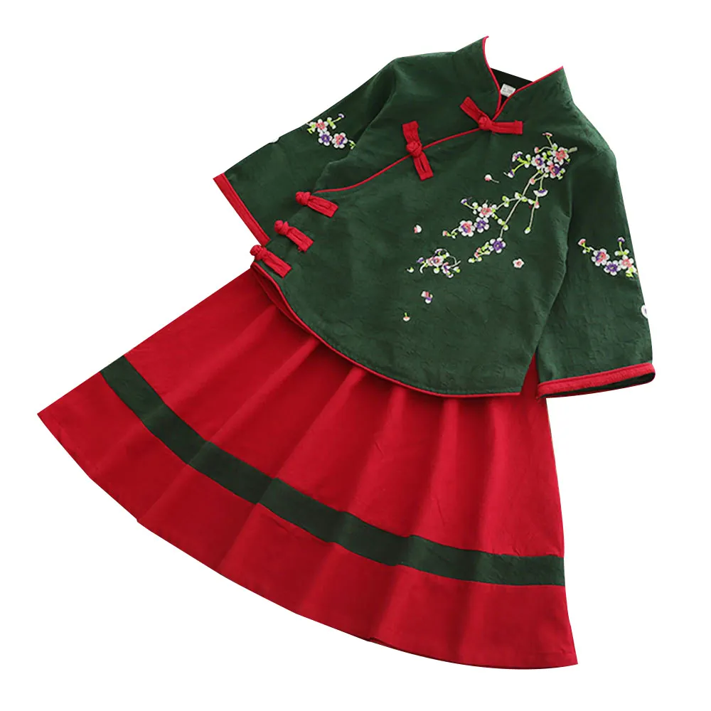 
spring new girl hanfu Chinese traditional style children modified ethnic cotton vintage two-piece tang suit 