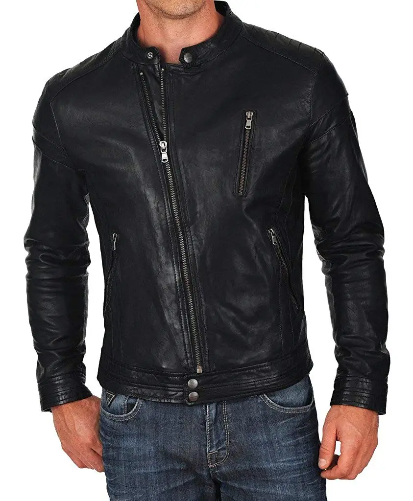 New Men Genuine Sheep Leather Slim Fit Biker Jacket LF376