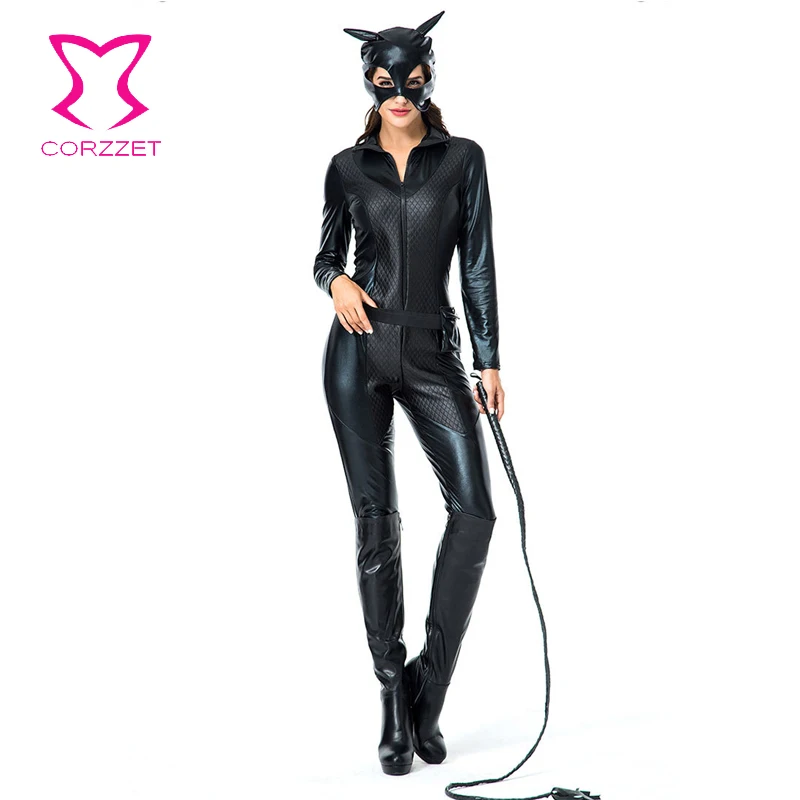 Corzzet Black PVC Leather Long Sleeve Catsuit Sexy Bodysuit Catwoman Halloween Cosplay Costume Jumpsuit Women Clothing Plus Size