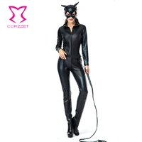

Corzzet Black PVC Leather Long Sleeve Catsuit Sexy Bodysuit Catwoman Halloween Cosplay Costume Jumpsuit Women Clothing Plus Size