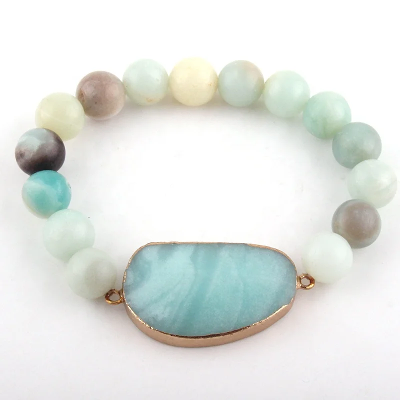 Drop Shipping Fashion Jewelry 10mm Natural Stone Beaded Bracelet Amazonite Moon Charm Bracelets