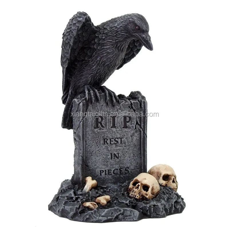Black Raven Bird On Skull Mound Tombstone Collectible Statue
