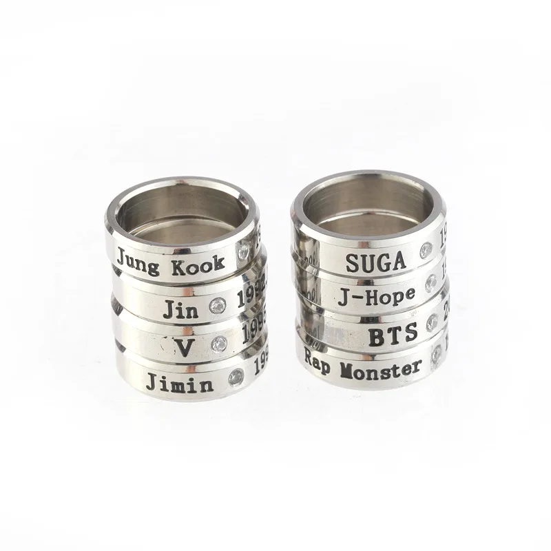 

BTS stainless steel personality engraved name CZ ring, Silver gold