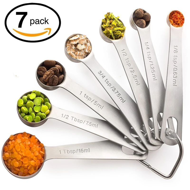 

All in One Set of 7 430 Stainless Steel Spoons Engraved Measuring Spoons with Stainless Ring Holder, Silver