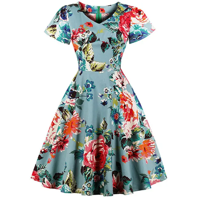 

Fashion Plus Size Summer Floral Print Vintage V Neck Short Sleeves Women Retro Party Office Casual Linen Skirts Dress Sundress