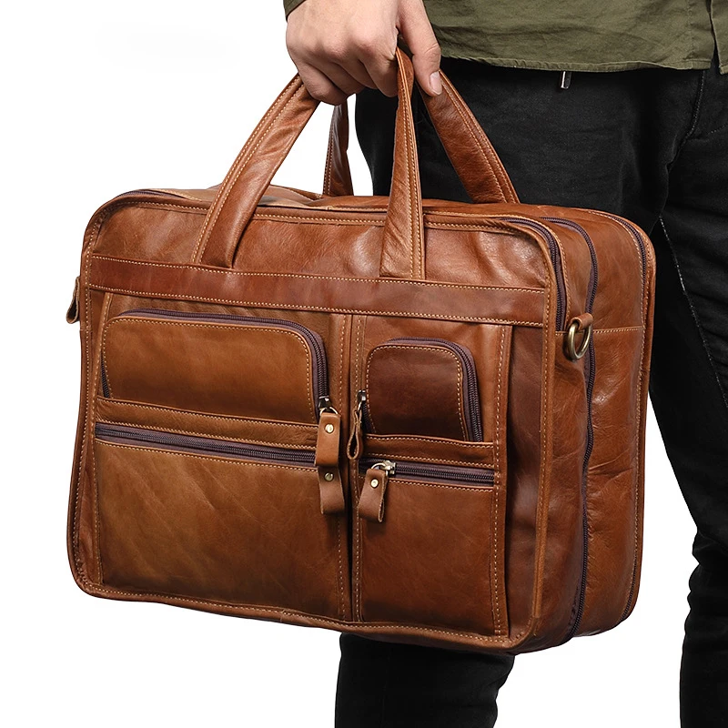 

15.6 inch First layer Crazy Horse Leather laptop bag mens leather bag for laptop, Black, dark brown, light brown