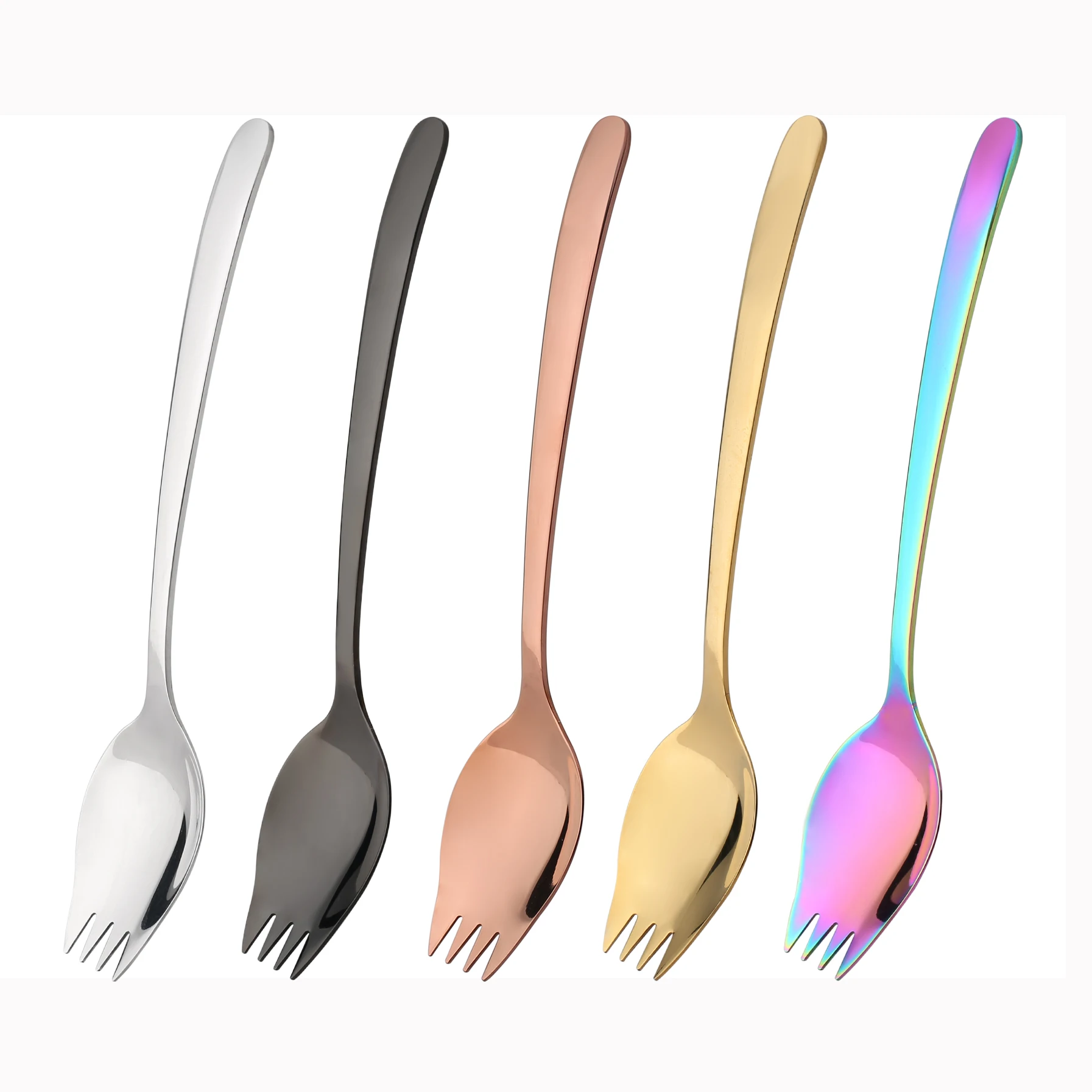 

High quality 304 stainless steel salad serving spoon and fork bulk gold flatware customized logo titanium spork, Silver/gold/black/rainbow/rosegold