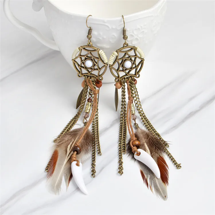 Hot sale Retro Style Fashion Fan Earring Feather Tassel Earring For Woman