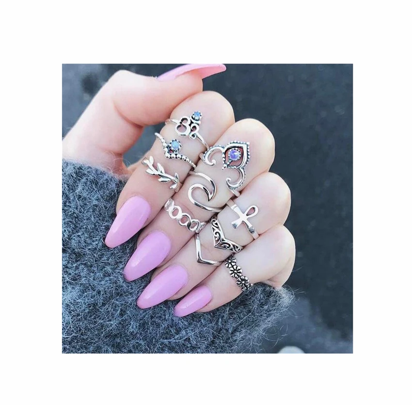 

INFANTA JEWELRY Vintage Crystal Hollowed-out v-shaped Flowers Geometric Crystal Rings 10Pcs/Sets Of Articular Ring Sets For Wome, N/a