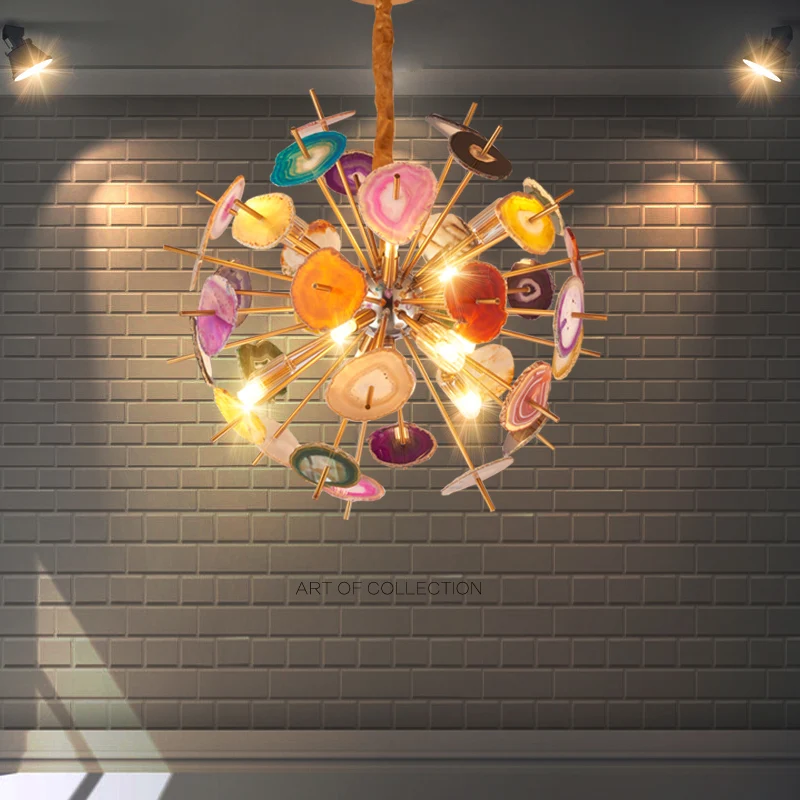 hot sale unique design Colorful Agate Stone round natural ball brass G9 LED Light chandelier