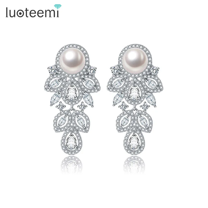 LUOTEEMI New Wholesale Stock Fine Jewelry White Gold Plated Vintage CZ Crystal Retro Pearl Drop Stud Earrings