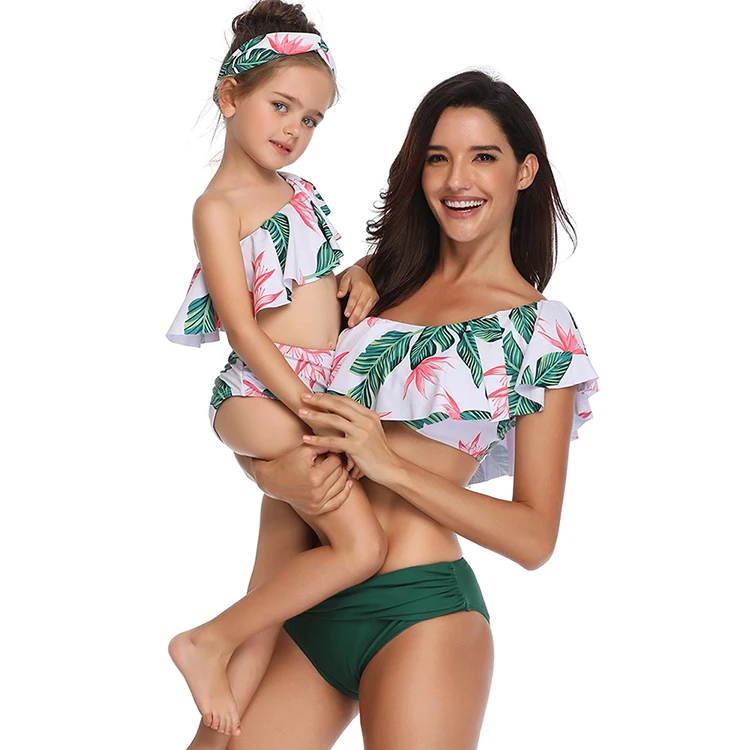 

2019 Popular One Shoulder Print Split 2 Piece Ruffle Sexy Family Mother'S Daughter Brazilian Bikini Set