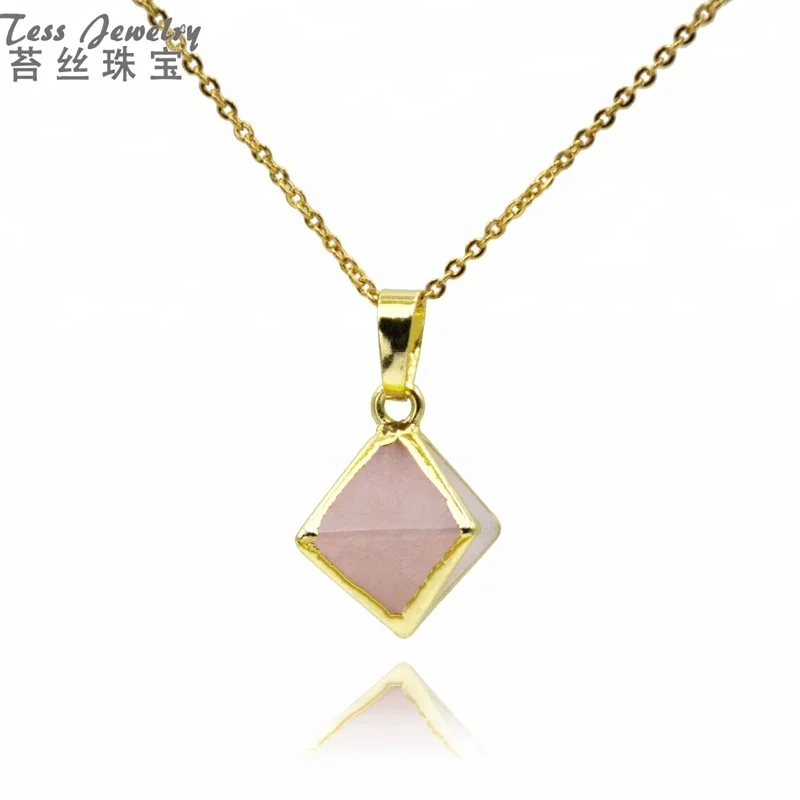 

15mm Rose quartz necklaces diamond shape pendant gold plated 14k necklace designs for women, Pink rose quartz necklace