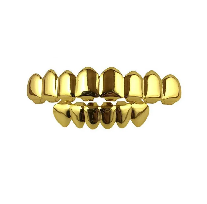 Hiphop Gold Teeth Grillz Set Top & Bottom Grills Dental Mouth Punk Teeth Caps Cosplay Party Halloween Jewelry