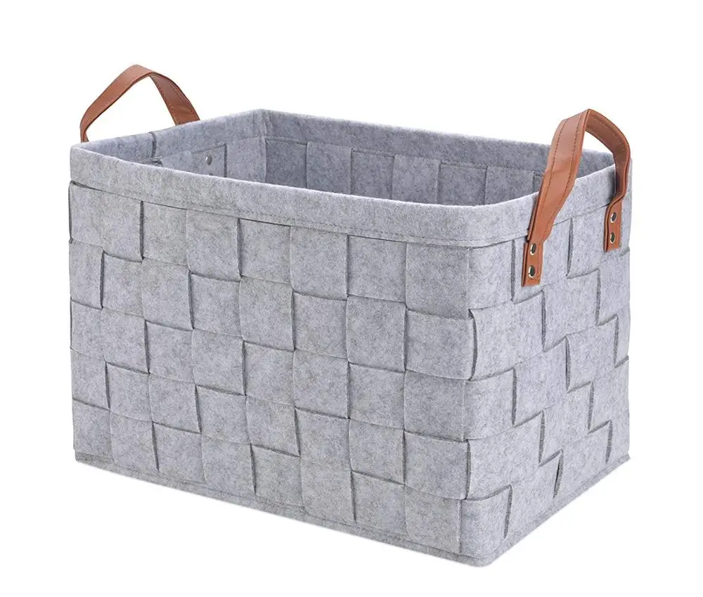 

Large size Hamper Handmade Woven Felt laundry Storage Basket with PU Handle