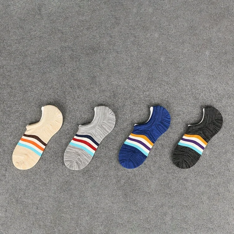 Latex Non-Slip Mens No Show Socks, Trend Fashion Striped Invisible Boat Socks