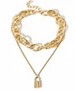 Gold Chain Link Padlock Statement Necklace Double Layer Chain Necklaces