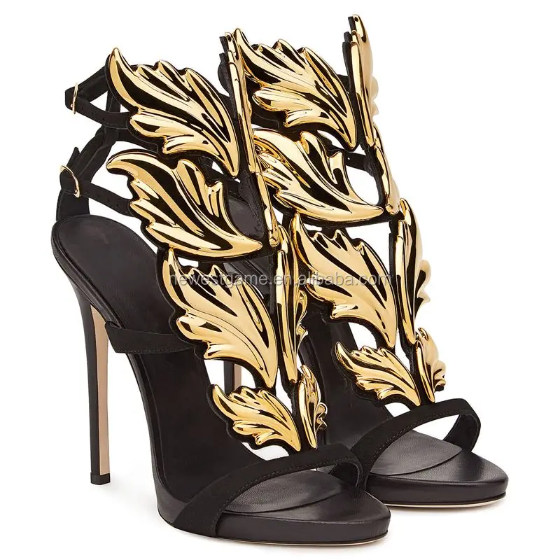 

Leisure British shoes Gold Leaves European American Fashion Sandals Elegant Woman Party Night Club Extreme High Heels Shoes