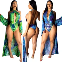 

0625M0947 Wholesale floral printed bohemian deep V women two piece swimsuit with cover up