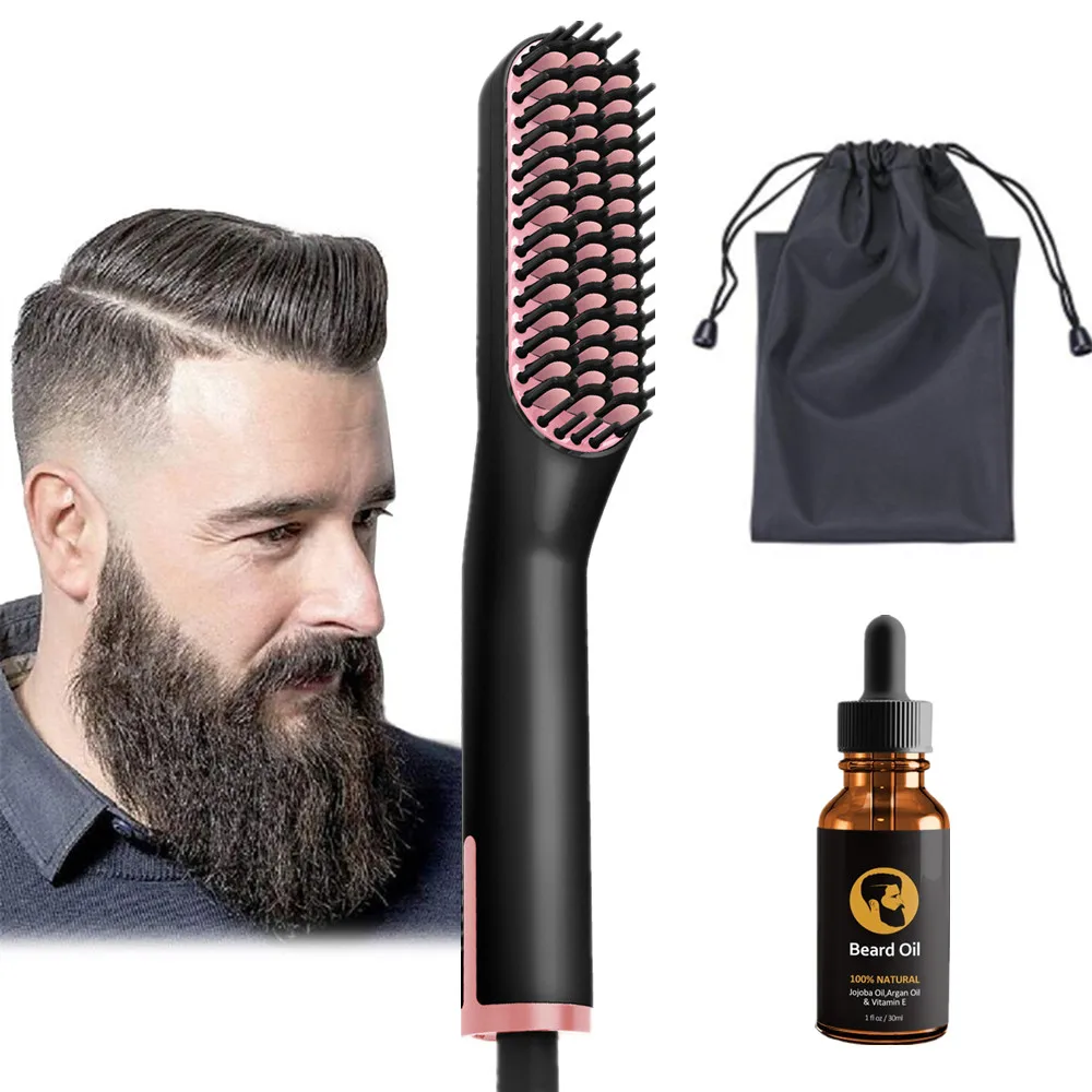 

Amazon Dropship Ionic Beard And Hair Straightener Brush 2 In 1 With Beard Growth Oil Quick Hair Styler For Men