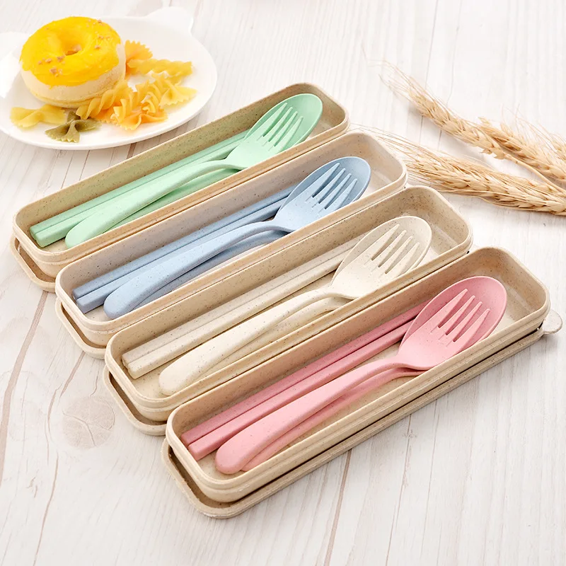 

Plastic spoon fork chopsticks Wheat Straw Reusable Camping Biodegradable plastic cutlery, Pink, beige, blue, green