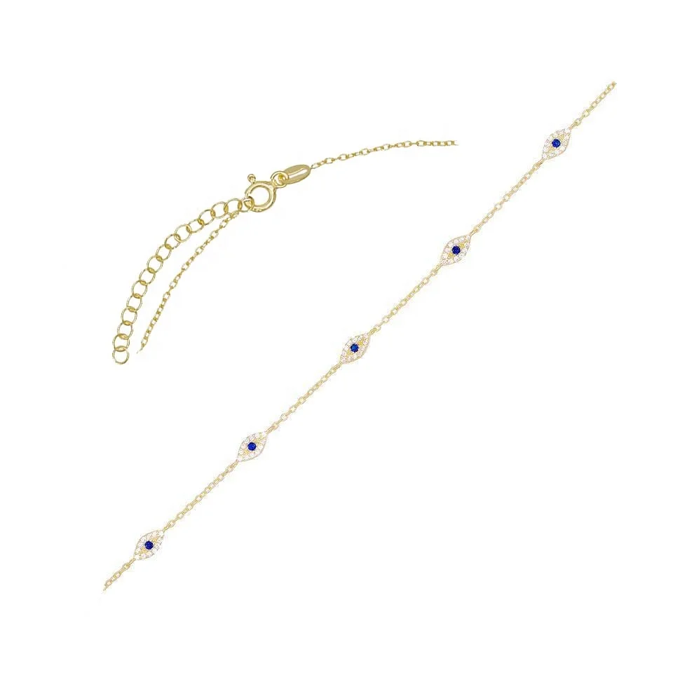 

925 Sterling Silver Gold Color CZ Stone Evil Eye Charm Necklace Jewelry