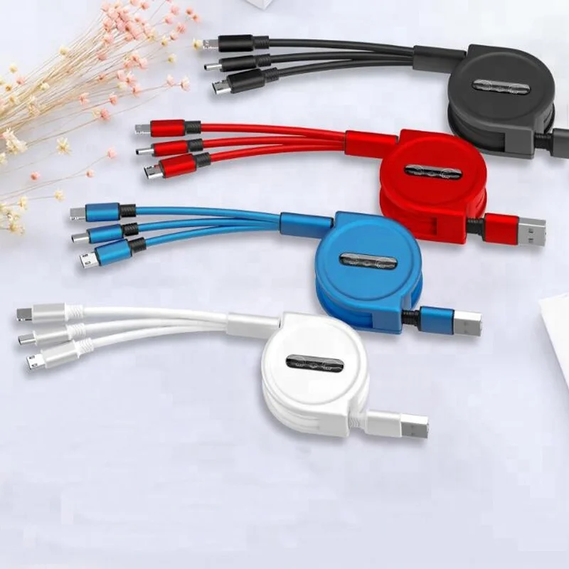 

Wholesale Price Universal Data Cable Flat 3 in 1 Fast Charging stretch USB Line for Iphone Type C Micro Android Phone, Red;blue;black;white