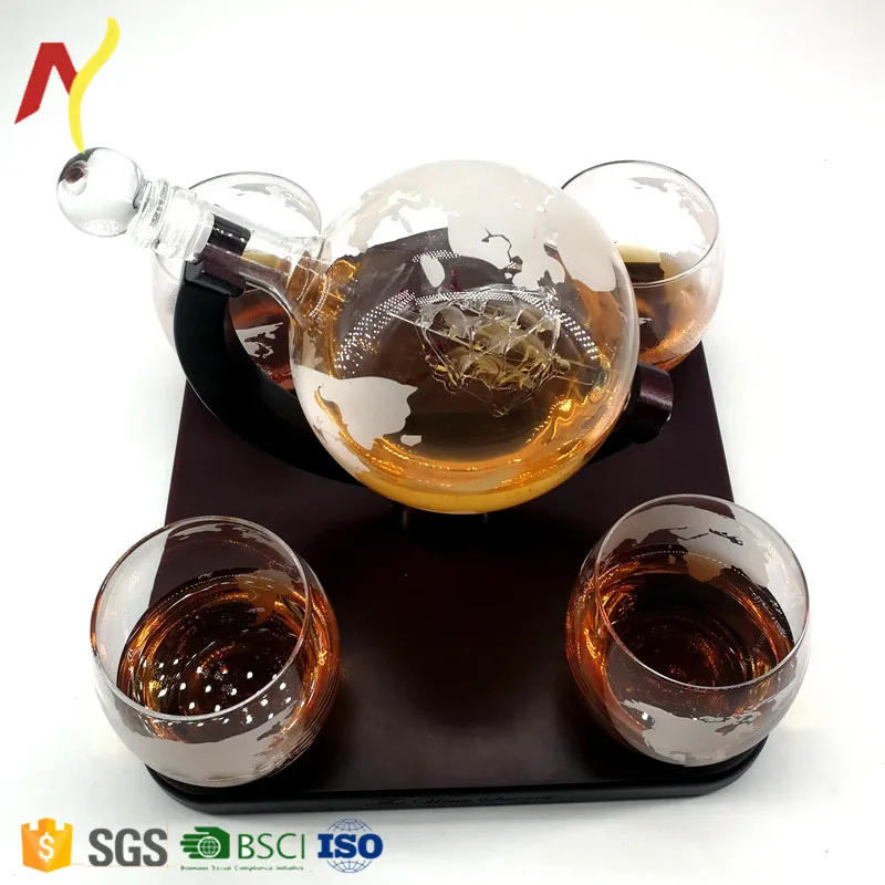 

Globe whiskey decanter with 4 glasses and wooden tray, Customized color