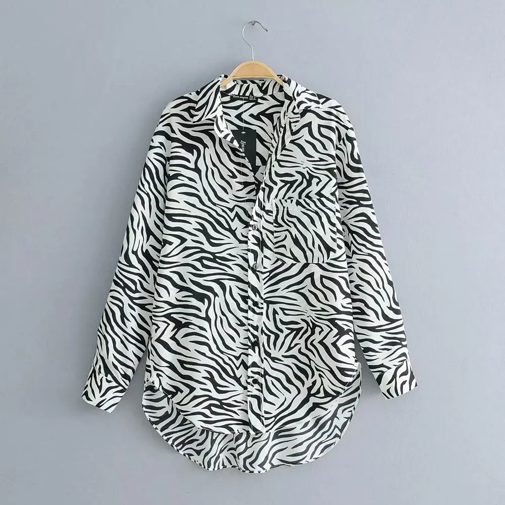 

Animal printed long sleeve turn down collar zebra pattern lady fashion blouse & top