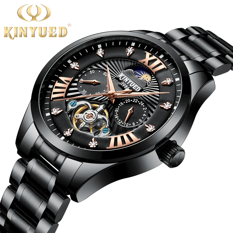 

kINYUED Online shopping hot sale luxury brand mens moon phase tourbillon automatic mechanical watches, Black