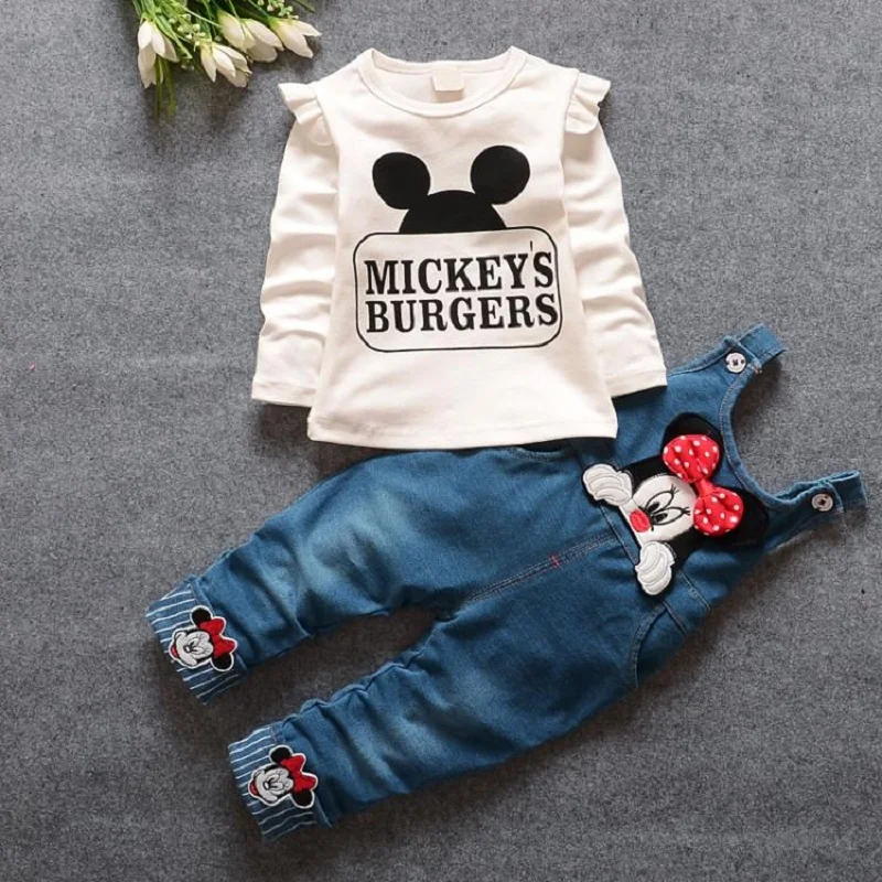 2016 Spring Baby Girls MICKEYS BURGERS Clothing Sets Cute Cartoon Animal Print Infant T Shirt Bibs