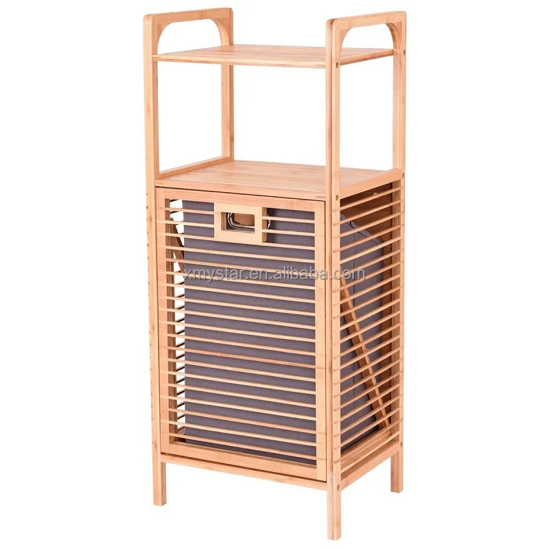 
Tilt-Out Bamboo Laundry Hamper Slat Frame Space Saving Storage with Shelf & Removable Liner, Perfect for Bathrooms factory BSCI 
