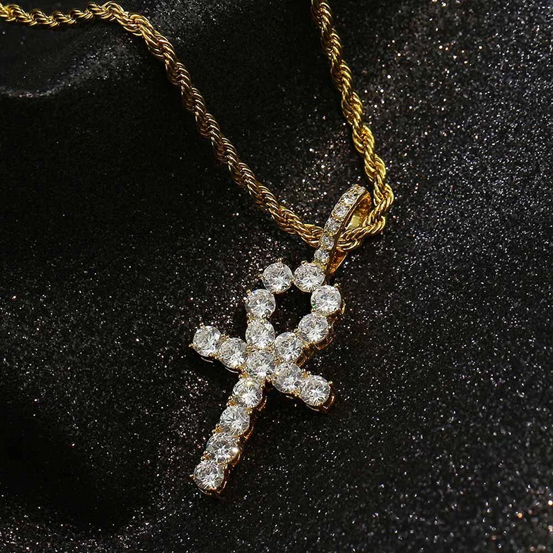 

Hip Hop Micro Pave Cubic Zircon Ankh Cross Pendant Necklace Stainless Steel Chain Charm Necklace (KHP020), As picture