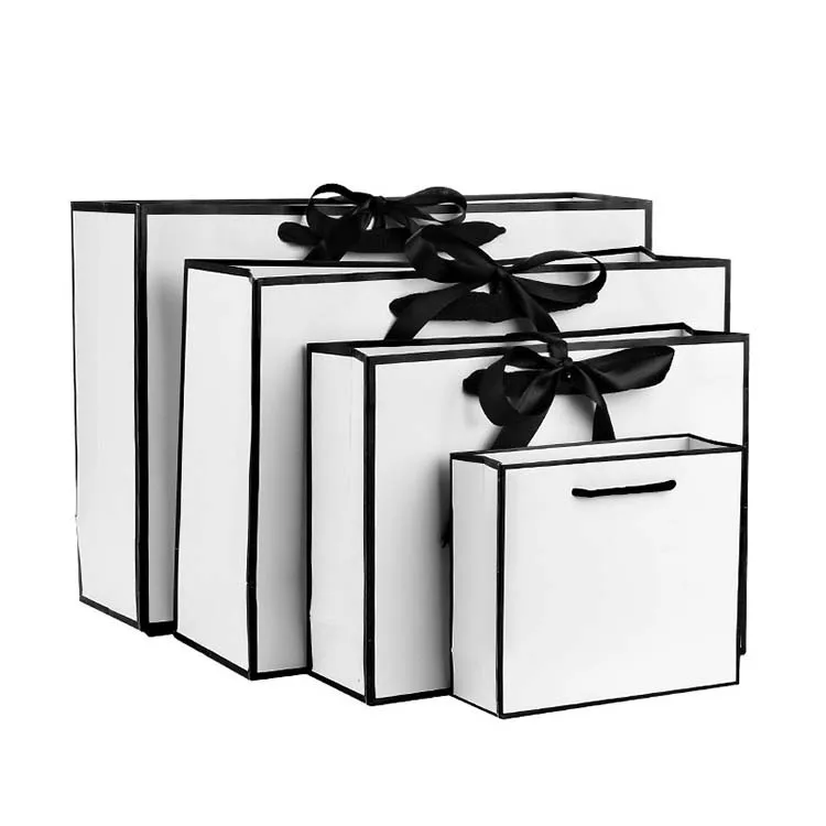 
custom logo printed retail shopping white paper carry bags with bow tie 