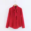 Formal design lace up neck blouse women red color long sleeve office wear clothing