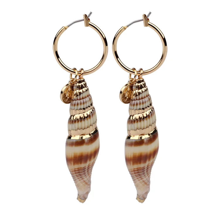 Gold Plated Hoop Cowrie Sea Shell Jewelry Gold Coin Pendant Shell Drop Earrings