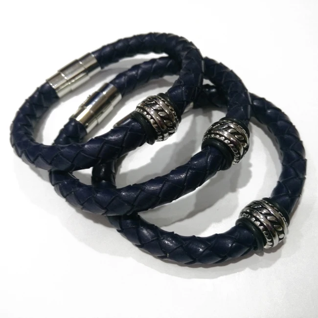 

High Quality 8MM Real Weave Leather Bracelets with Stainless steel slide leather Bracelet, Gray;black;blue;brown;red;etc