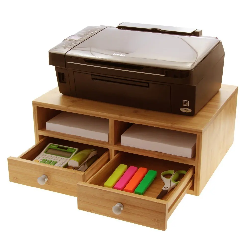 Bamboo Printer And Monitor Stand With Desk Tidy Organiser With