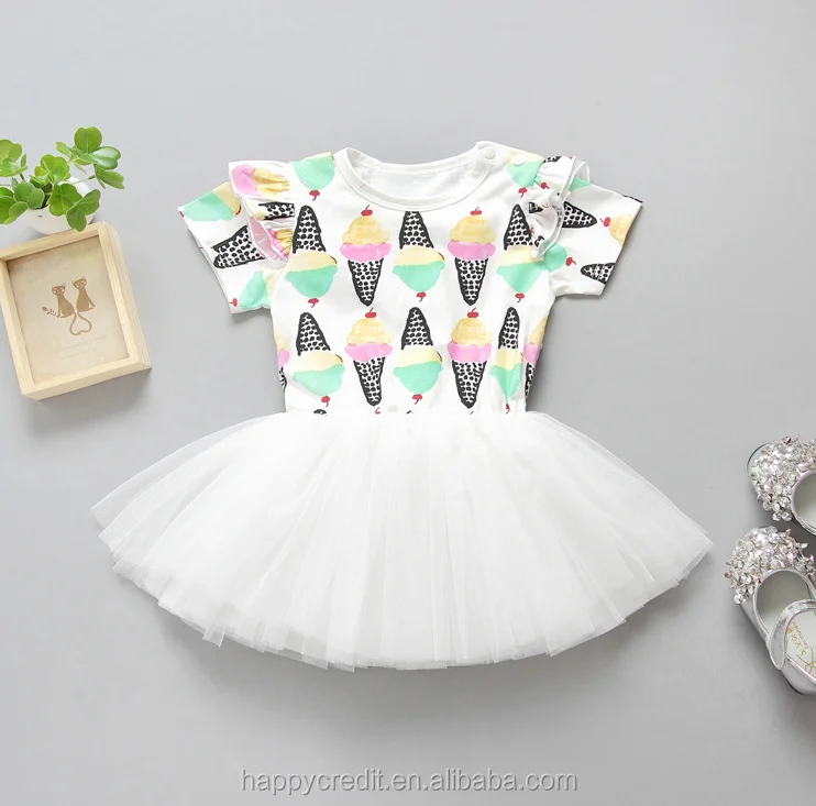 

Cute Design Short Sleeves Tutu Dress Icecream Printed Funny Custom Baby Onesie, Baby onesie in white