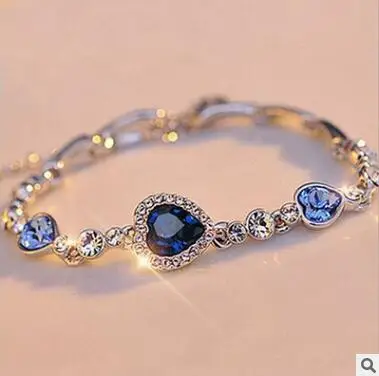 

2018 new design the heart of the ocean peach heart-shaped zircon blue crystal silver plating bracelet, As picture