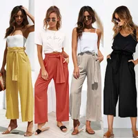 

2019 Four-color straps wide-leg spring and summer casual trousers solid color cotton and linen holiday pants